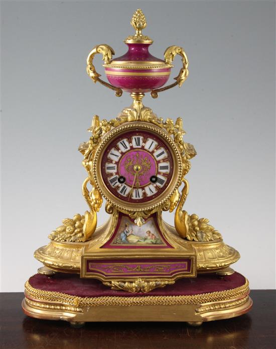 A 19th century French ormolu and porcelain mantel clock, H.13in.